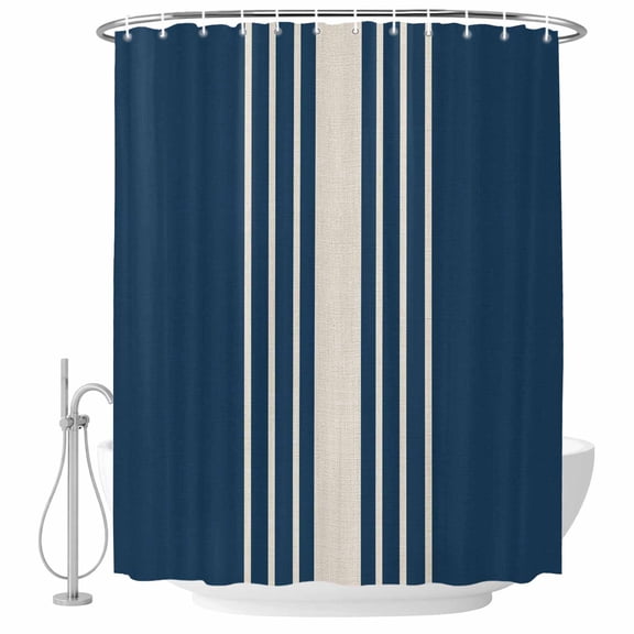 Decorative Shower Curtain Farmhouse Polyester Fabric Waterproof Bath Shower Curtains Bathroom Accessories Navy Blue Beige Striped Shower Curtain 36x72 Inch for Home Hotel Modern Farmhouse Retro Lines