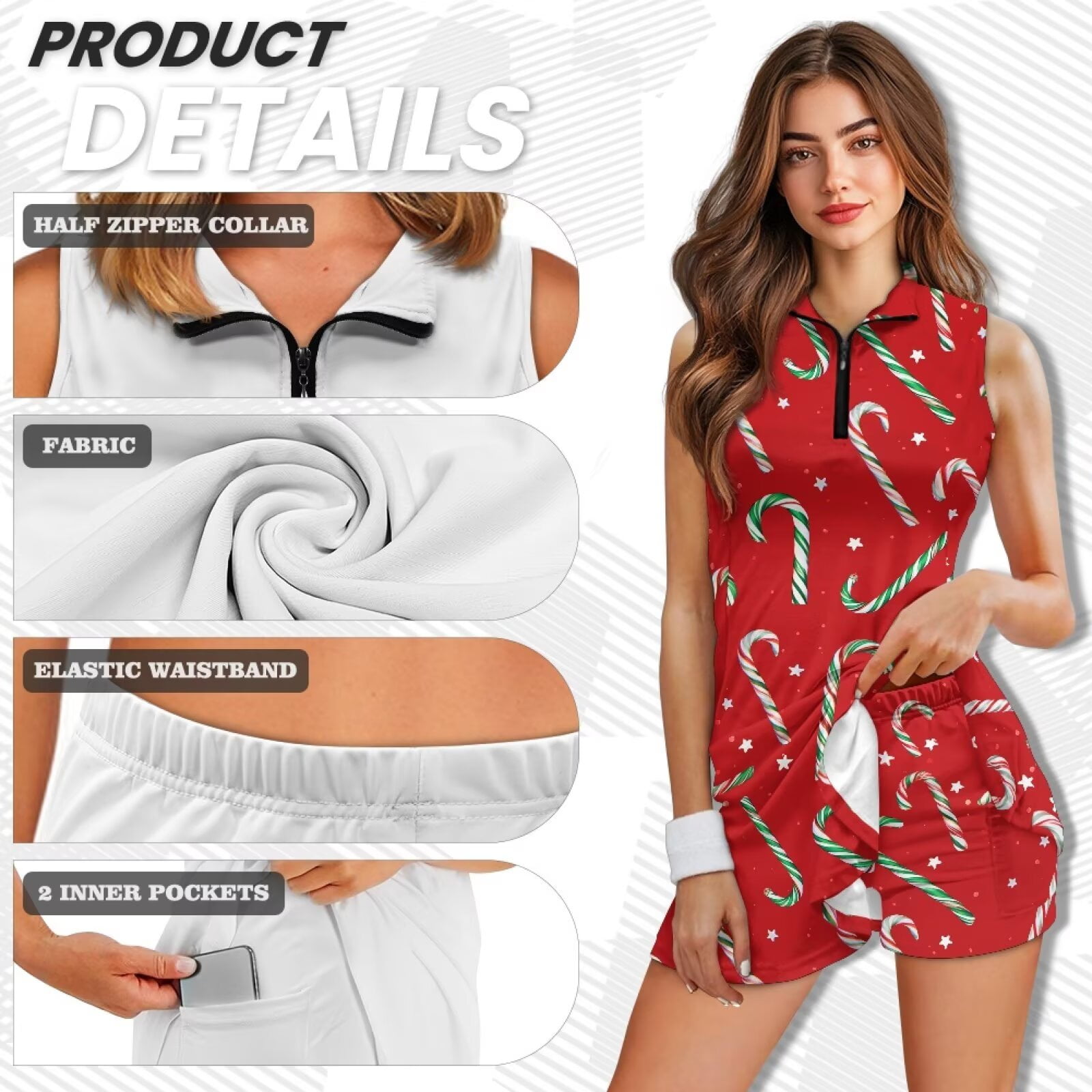 Yuyamidu Candy Canes Tennis Dress with Built in Shorts, Red Christmas Sleeveless Athletic Dress for Women Golf Athletic Dresses with Pockets Golf Outfits Size L