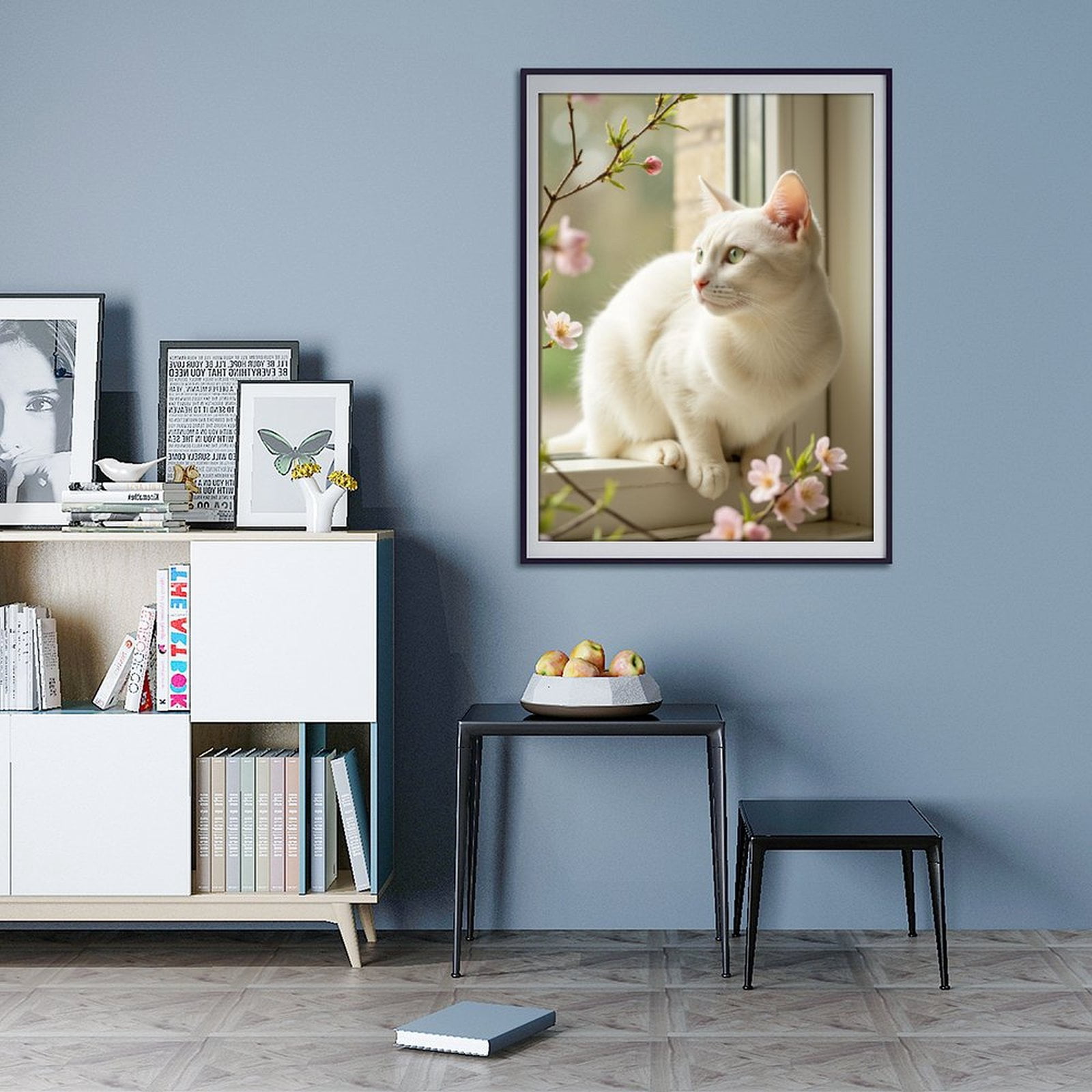 Diamond Art Kit for Adults, Elegant White Cat By Blossoms Diamond Painting for Adults Beginners, 5D DIY Diamond Art Painting Kits, Colorful Diamond Painting Craft for Home Decor 12x16