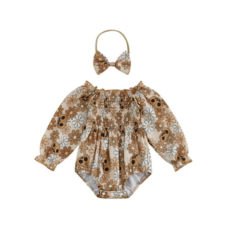 

Lesimsam Newborn Girls Outfit 3M 6M 9M 12M 18M 24M Long Sleeve Off-shoulder Floral Romper with Bow Hairband Fall Clothes Newborn Infant Clothing