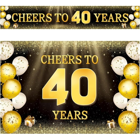40th Birthday Decorations 2 Pack for Women Men - Black Gold Over The Hill Banner & Party Supplies Set, Reusable Happy 40th Birthday Decor Indoor Outdoor