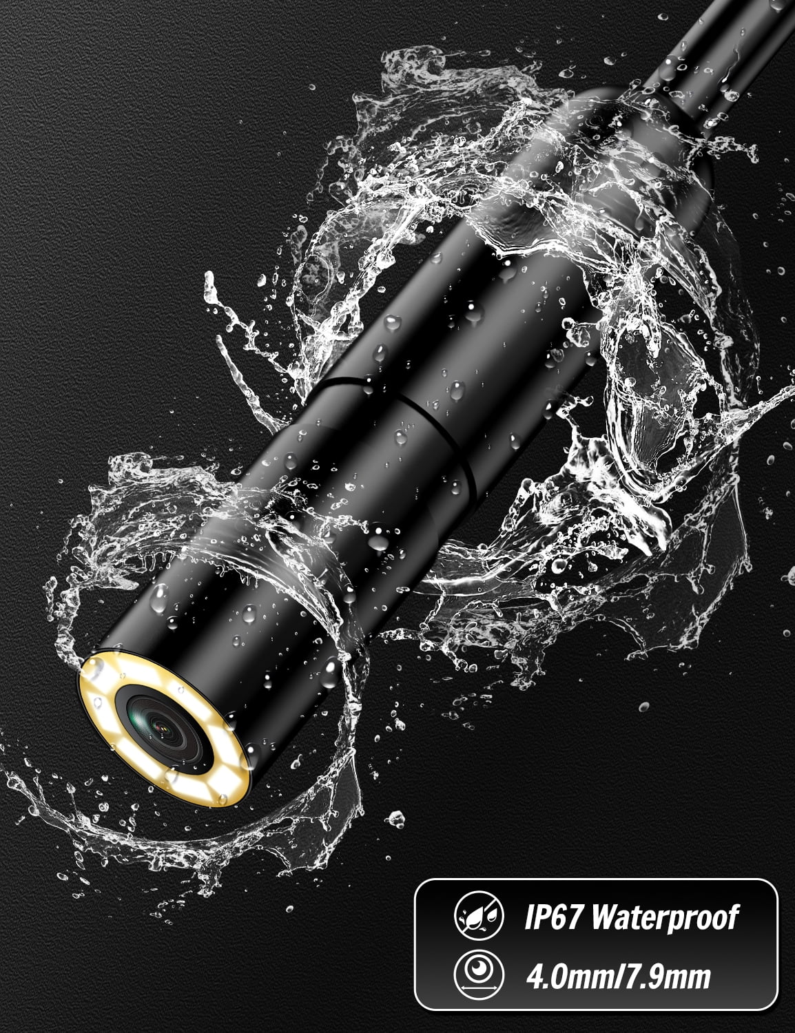 Endoscope 1920P HD IP67 Lens with 8 LED Lights Inspection Camera Semi-Rigid Cable (16.5 FT/5M)