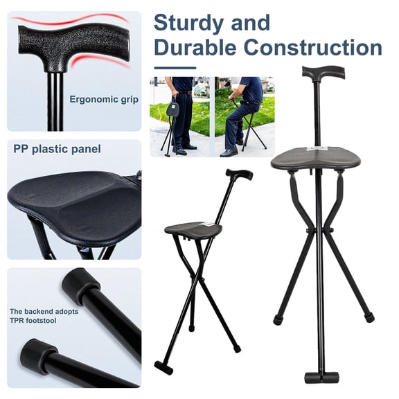 SHUO Y - Walking Assistance Cane, 300 Lbs Crutch Stool with Seat Lightweight Folding Walking Stick Chair Portable Support Cane for Senior Elderly Camping Hiking