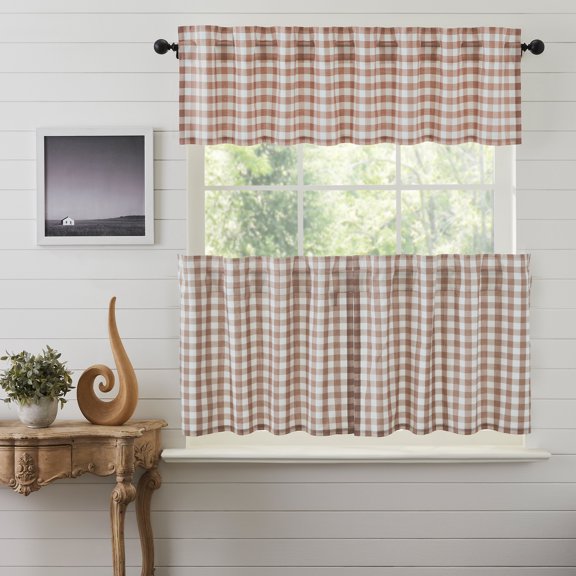 VHC Brands Annie Buffalo Check 3 PC Portabella Curtain Set (1 Valance 16x72 and 2 Tier 24x36)