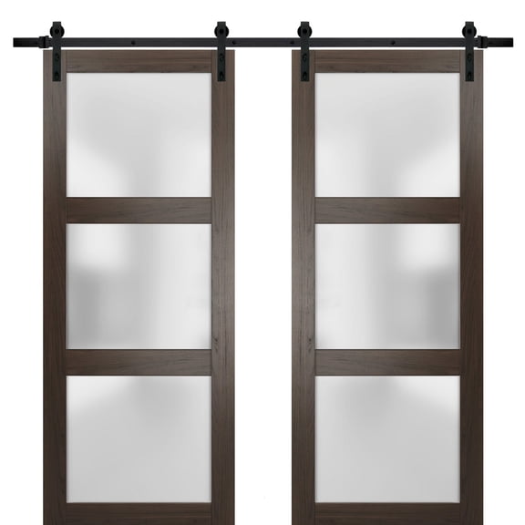 Sturdy Double Barn Door 64 x 80 inches with Frosted Glass | Lucia 2552 Chocolate Ash | Top Mount 13FT Rail Hangers Heavy Set | Solid Panel Interior Doors