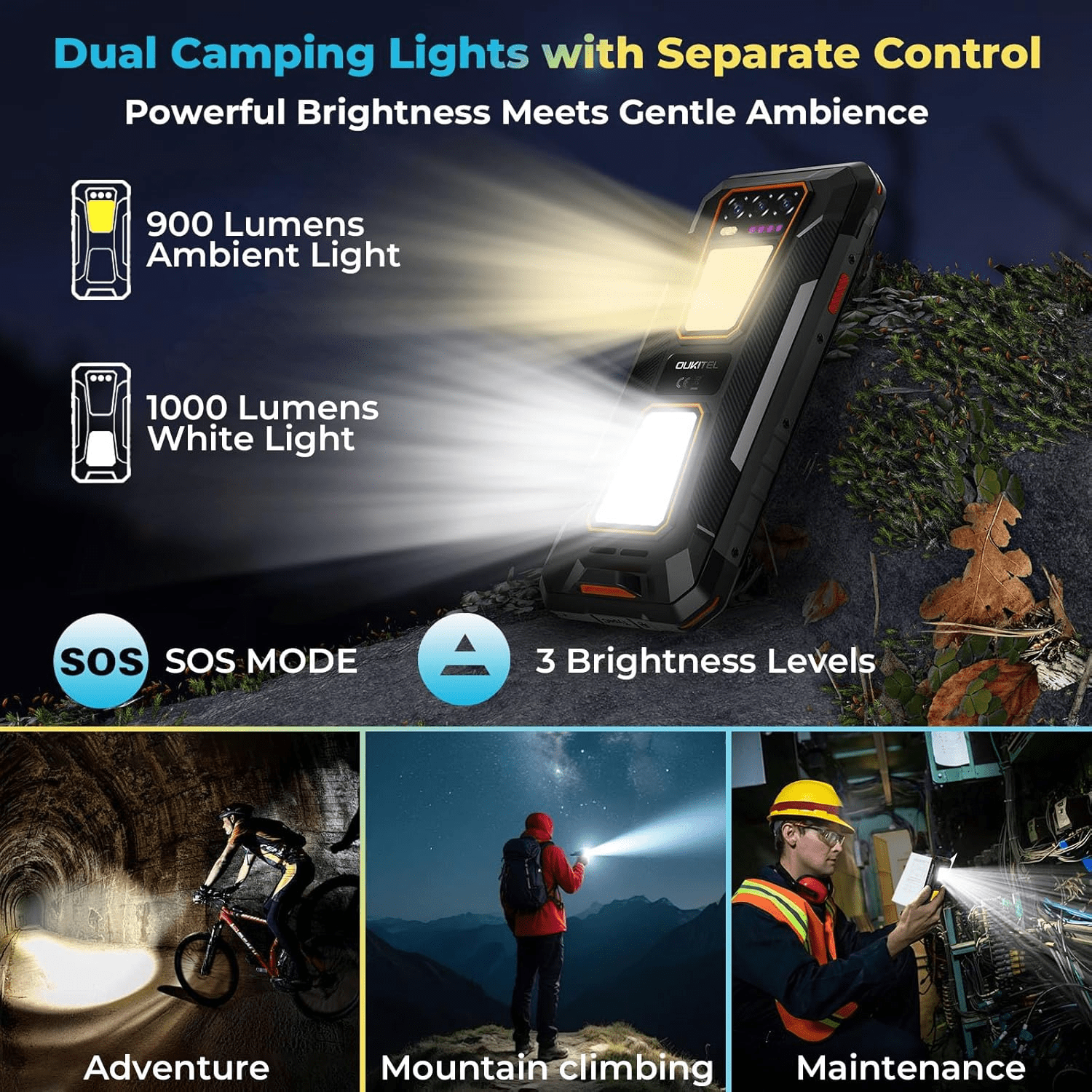 OUKITEL WP58 PRO Rugged Smartphone Unlocked 5G, 24GB+256GB/1TB, 10000mAh Battery , Android 15 Dual Camping Lights, 6.7"120Hz Display ,64MP+8MP Camera, IP68 Waterproof, 5G Dual SIM/NFC/GPS/OTG Black