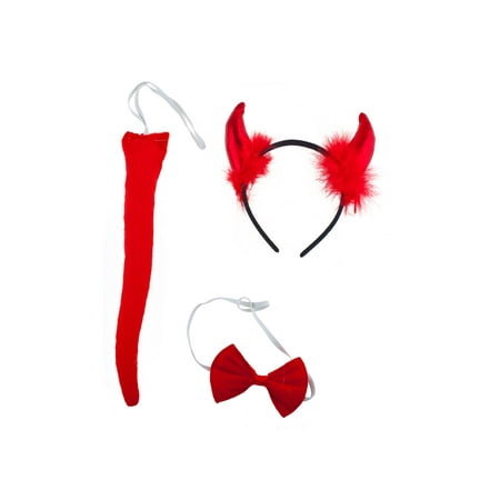Lux Accessories Metallic Red Furry Devil Horn Bowtie Tail Costume Party