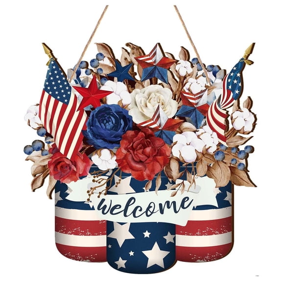 Fourth of July decorations, Patriotic decor, 14X16 in Rustic Farmhouse Wall decor, Artificial Roses, Front Door Sign, Welcome Porch Sign, Red White Blue, Door decorations Hanging,