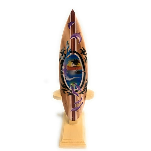 Surfboard w/ Stand Splashing Dolphins Design 6" - Trophy | #lea01d15