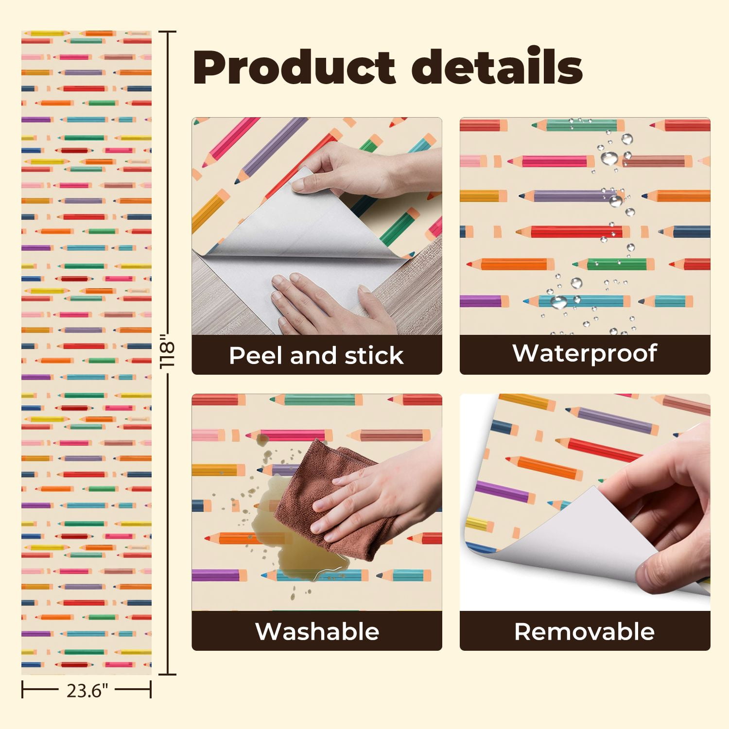 Peel and Stick Wallpaper Colorful Horizontal Pencil Beige Wall Mural 23.6in x 9.8ft Self Adhesive Removable Wall Paper Renter Friendly Wallpaper for Nursery Bedroom Cabinets Back to School Decor