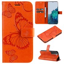 SaniMore for Samsung Galaxy S21 FE Magnetic Flip Wallet Case, [RFID Blocking] Card Holder PU Leather 3D Butterfly Embossing Cover with Kickstand & Wrist Strap Shockproof Protective Shell, Orange