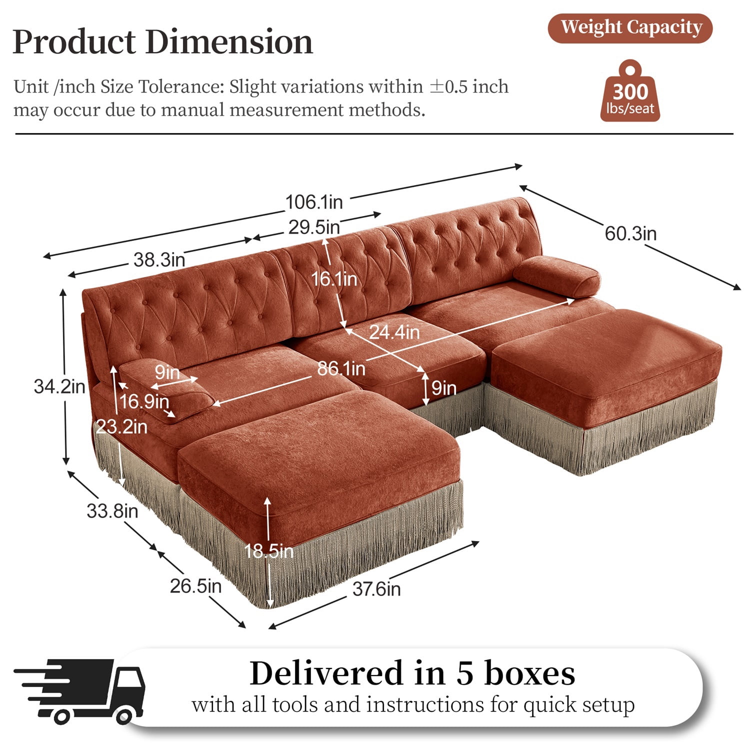Hommoo 3-Seater Chesterfield Style Velvet Fabric U-Shaped Sectional Sofa with 2 Ottomans, Upholstered Design and Floor-grazing Tassel, Free Combination Sofa Couch Set, for Home, Red Brown