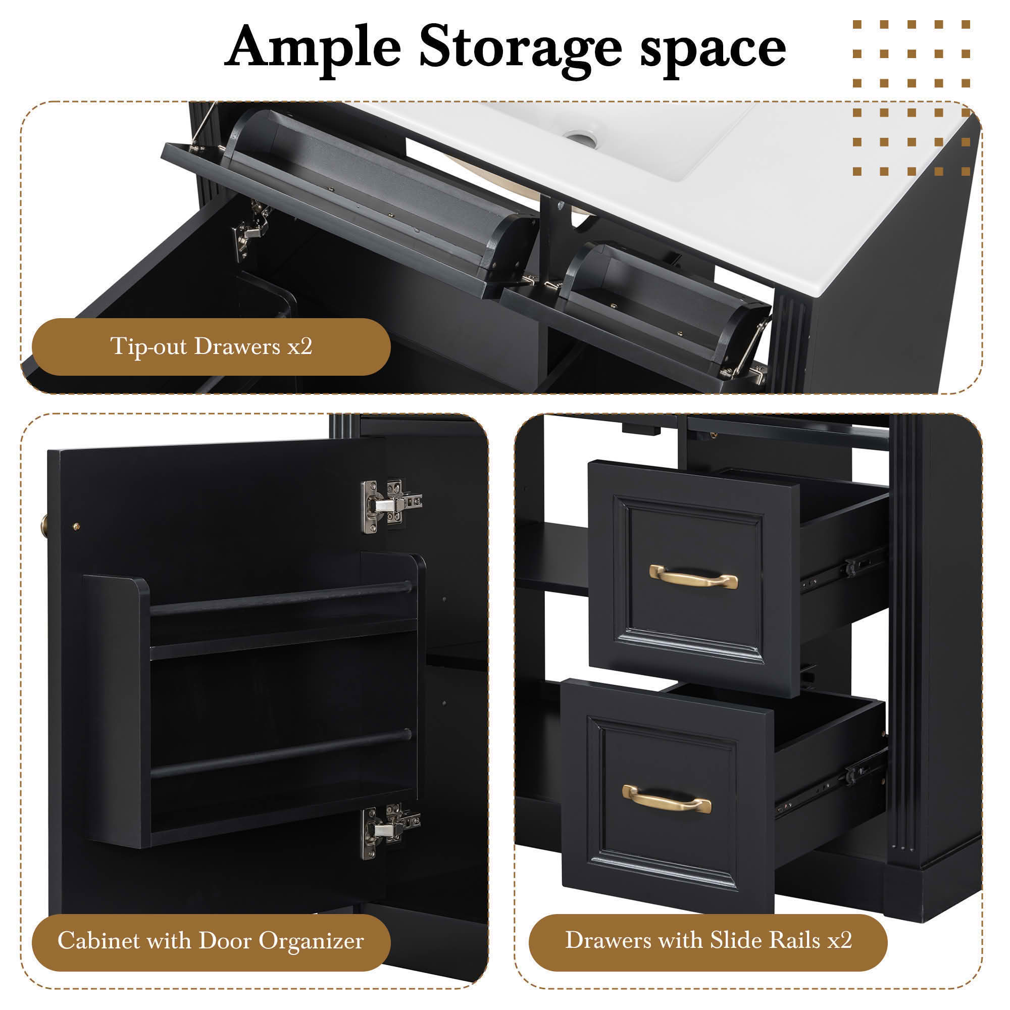 MAYEERTY 36" Bathroom Vanity with Sink 4 Drawers Soft-Close Door Adjustable Shelf Ceramic Basin Black