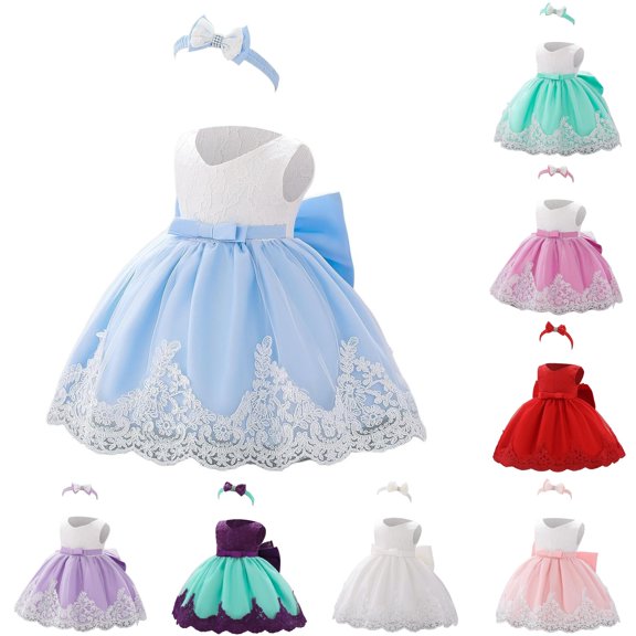 FYDUU Baby Girls Pageant Dress Lace Princess Dress Bowknot Flower Girl Dresses Wedding Party Tutu Gown First Birthday Outfit 12-18 Months