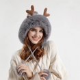 thumbnail image 3 of Gorros de punto cálidos de Navidad para mujer, gorro con orejeras de dos bolas, dibujos animados, cuerno de ciervo, felpa esponjosa, piel gruesa, Invierno, 3 of 4