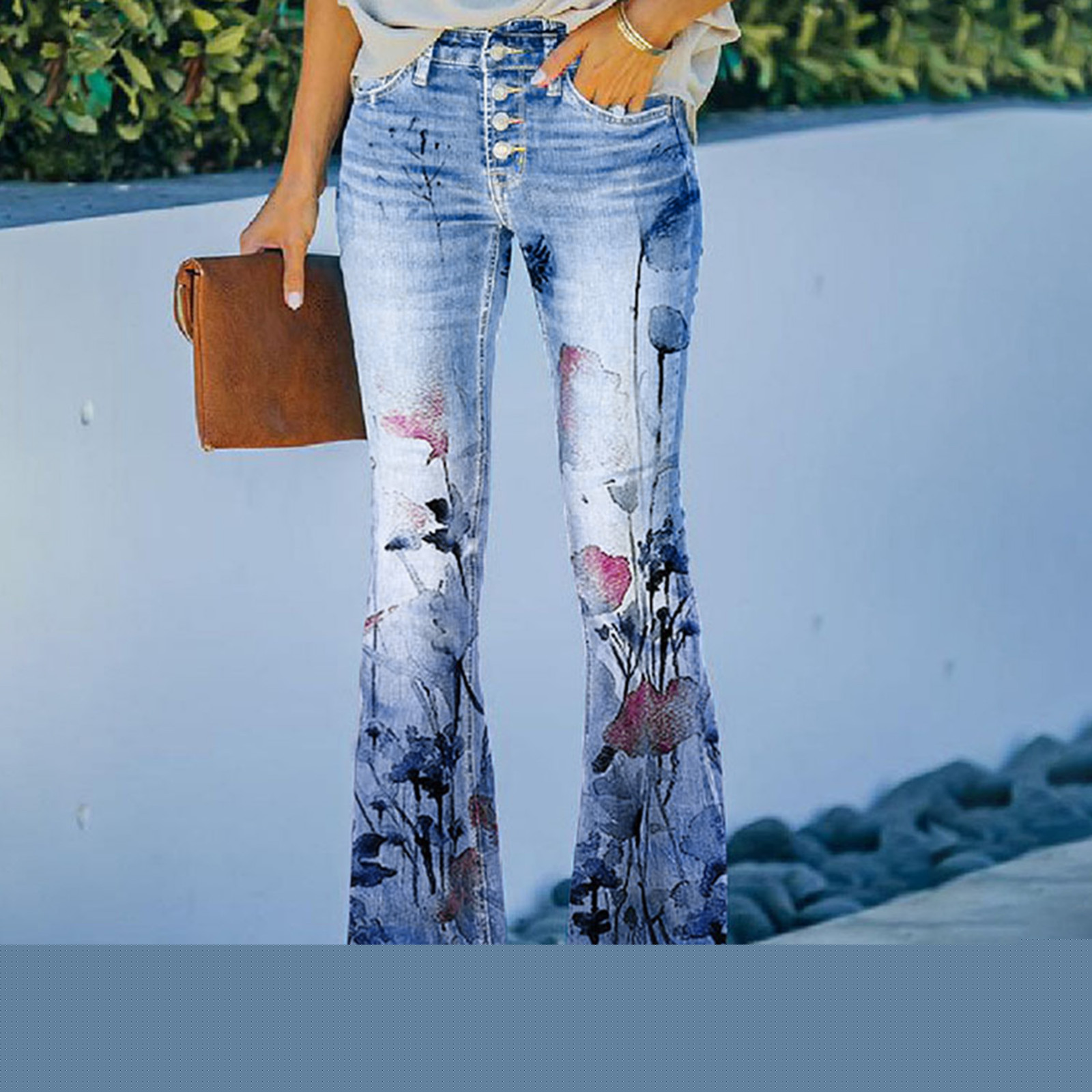 thumbnail image 2 of Puntoco Womens Elastic Waist Stretch Buttons Printing Thin Stretch Skinny Pants Trousers Blue XXL, 2 of 8