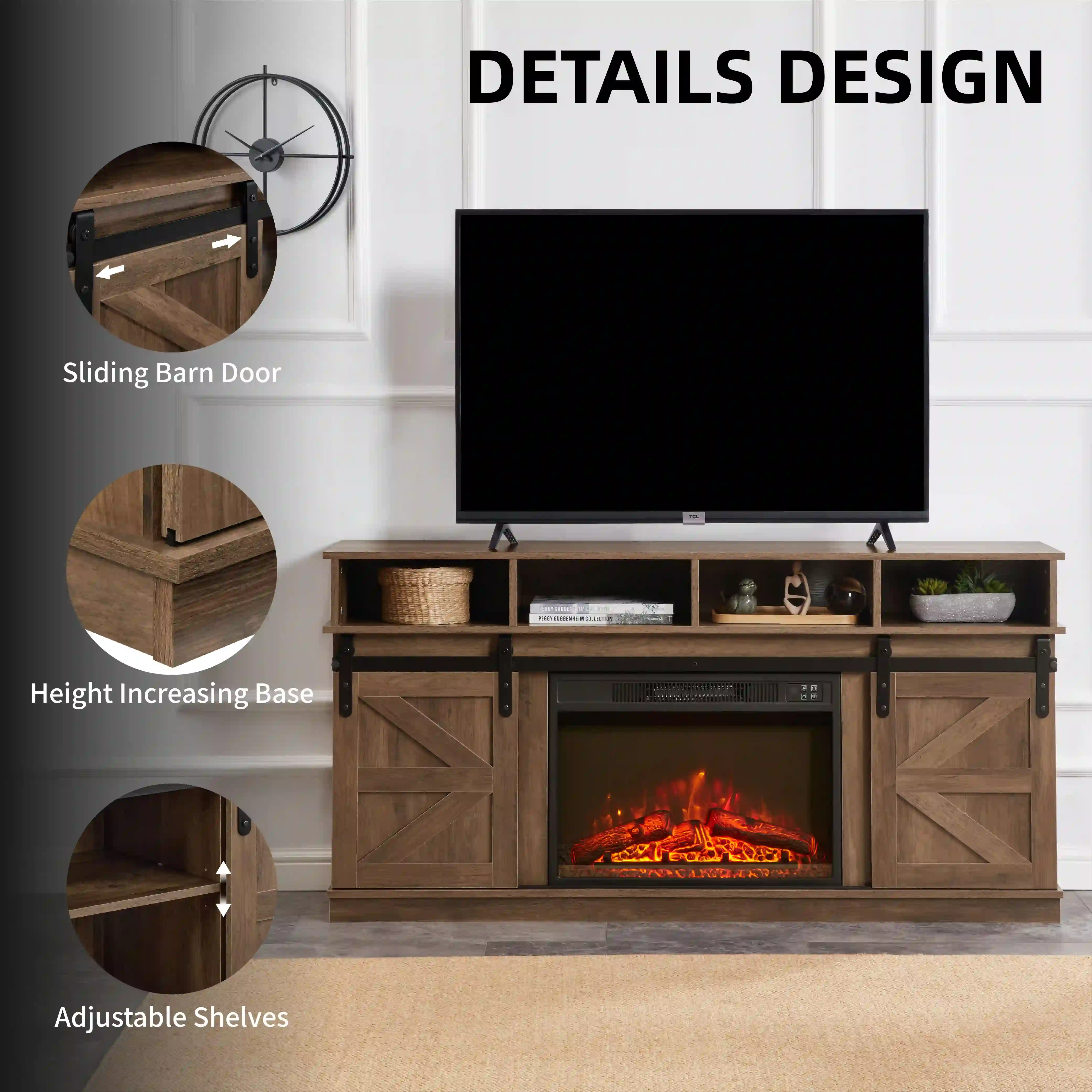 Aukfa Farmhouse Sliding Barn Door TV Stand for TVs Up to 65",Storage Cabinet Table,Brown