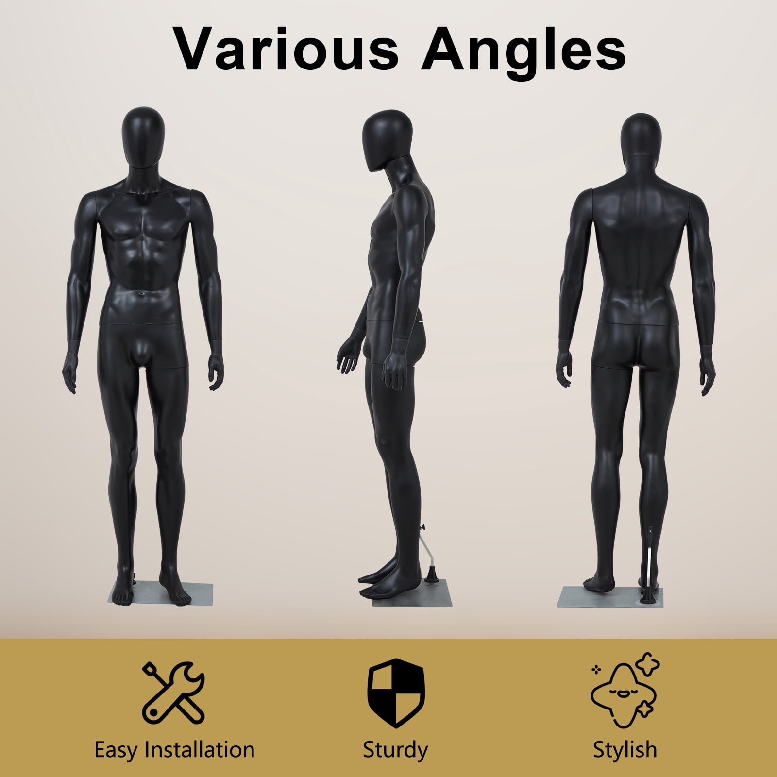 Kinbor 72.8Inch Full Body Male Mannequin, Dress Form Adjustable with Detachable Metal Stand for Retail Clothing Shops
