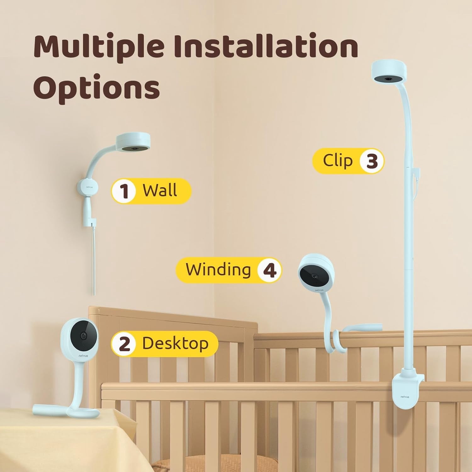 NETVUE Peekababy Baby Camera Monitor, Wireless Baby Monitor with Camera & Audio, 4-in-1 Crib Mount, Smart App, Sleep Analysis & Two-Way Talk