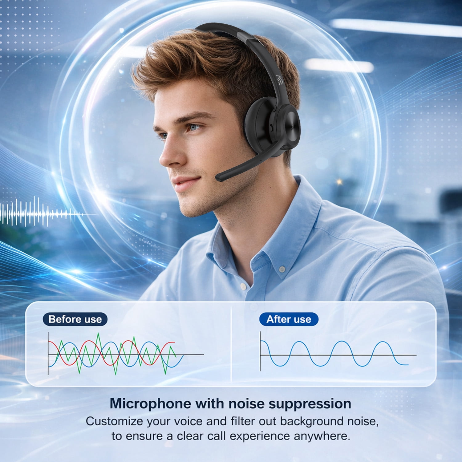 Electronic World Wireless Bluetooth Headset with Mic,Noise Cancelling Trucker & Call Center Headphones,30H Talk Time,Computer Headset for Work,Laptop, Phone & PC (Black)