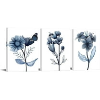 3 Piece Canvas Wall Art Navy Flower Painting Art Prints Blue Floral With Butterfly Picture Artwork Modern Bedroom Bathroom Wall Decor Framed Ready to Hang Each Panel 12x16 Inches