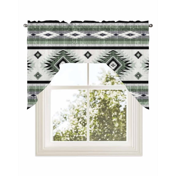 Sage Green Geometric Kitchen Curtains Swag Valance for Windows/Bathroom/Cafe, Southwest Bohemian Country Retro Rod Pocket Drape Panel Swag Curtains Valance for Bedroom/Living Room 56"x36"
