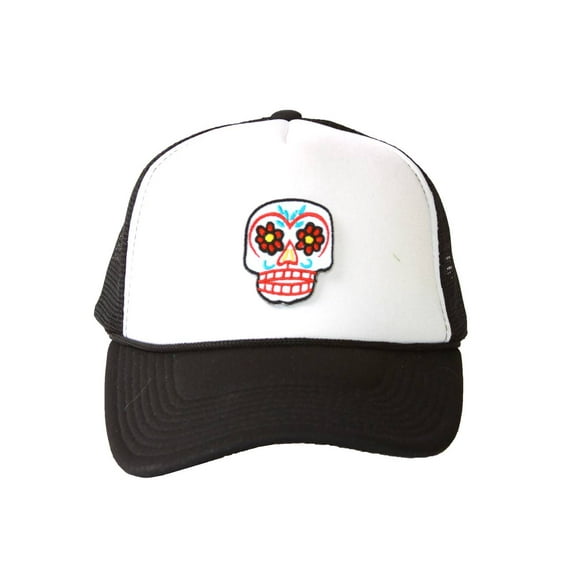 Trucker Mesh Vent Snapback Hat, Sugar Skull 3D Patch Embroidery Black