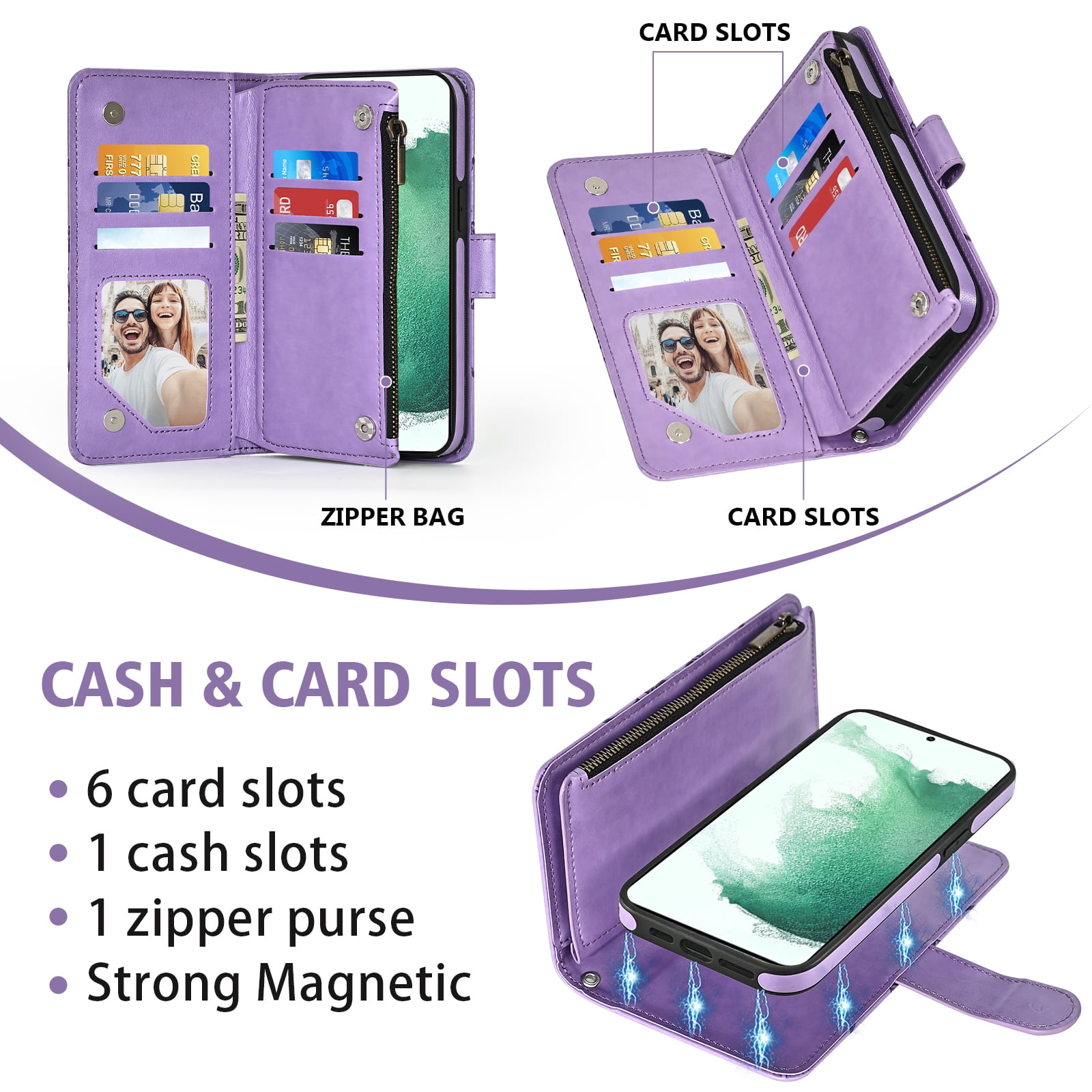 Phone Case for Samsung Galaxy S22 Plus S22+ 5G Zipper Wallet Magnetic Detachable Cell Cover with Tempered Glass Screen Protector Crossbody Strap Flower Card Holder Slot S22 S22plus S 22+ Women Purple
