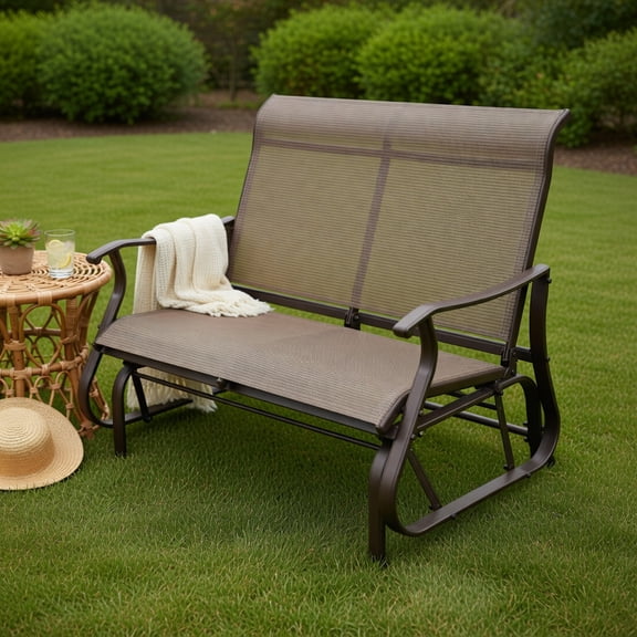 Topcobe Double Chair Outdoor, Patio Glider Bench, Porch, Backyard, Sturdy, Brown