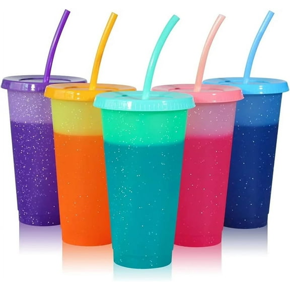 Trianu Glitter Tumblers Cups with Lids & Straws: Reusable 5 Pcs 24oz Color Changing Party Drinking Cups Bulk - Tall Cute Personalized Travel Party Tumblers for Smoothie / Iced Coffee / Cold Water