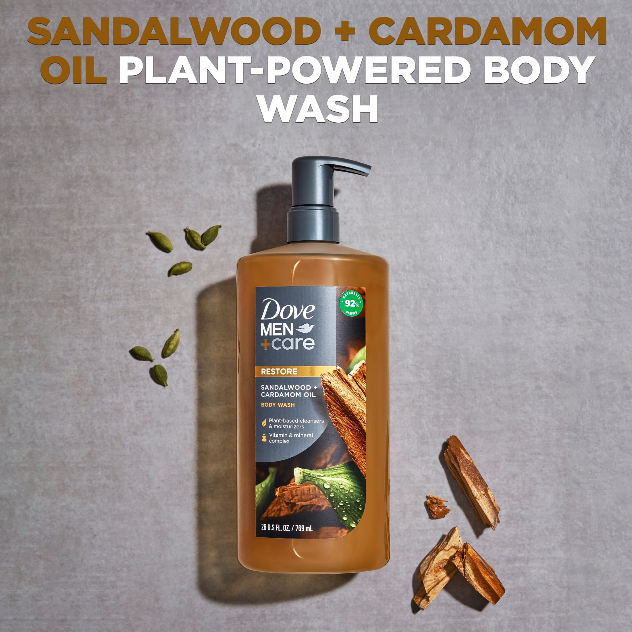 Dove Men+Care Mini Body Wash to Rebuild Skin in the Shower Sandalwood + Cardamom Oil with Plant-Based Cleansers and Moisturizers, 3 FL oz
