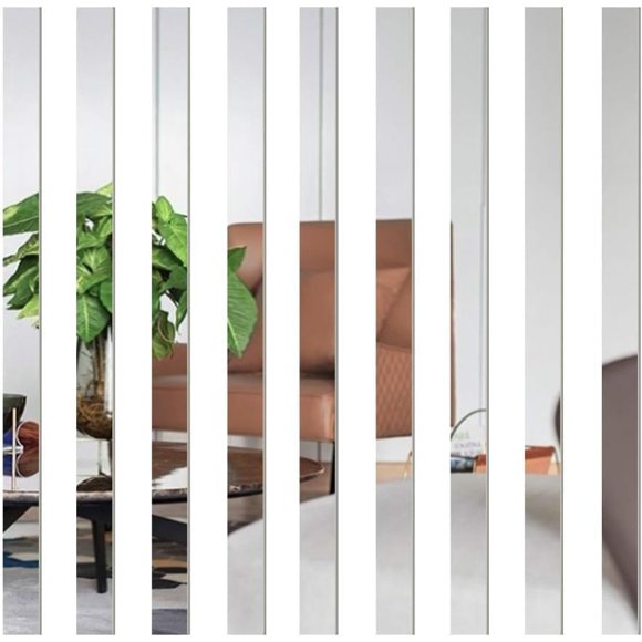 shiyou-10Pcs Silver Mirror Wall Stickers Striped Design Mirror Art Tile Decal DIY Self Adhesive Wall Line Border Decals Removable Acrylic Mirror Sheets Wall Sticker for Wall Treatments and Home Decor