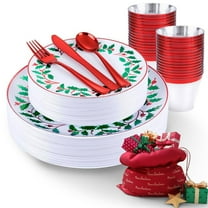 Christmas 150-Piece Disposable Style Red Green Plastic Dinnerware Set, Food-Grade BPA-Free, Sturdy Holiday Feast Plates