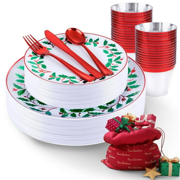 Christmas 150-Piece Disposable Style Red Green Plastic Dinnerware Set, Food-Grade BPA-Free, Sturdy Holiday Feast Plates