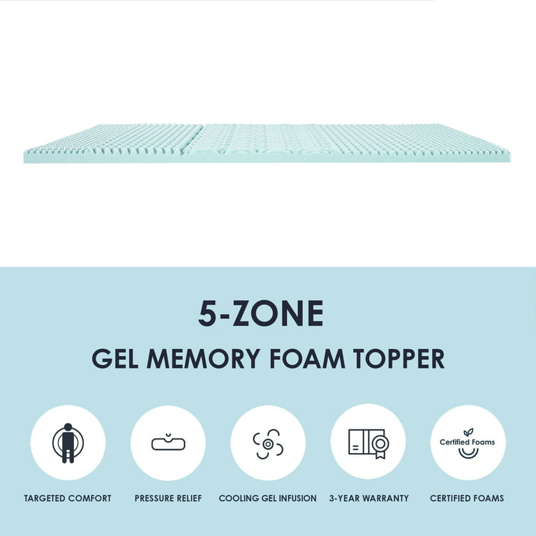 Mellow 4 inch 5-Zone Memory Foam Mattress Topper, Cooling Gel Infusion, Short Queen