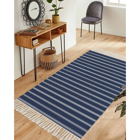 Navy Blue Striped Washable Area Rug 3'x5', Navy Blue White Farmhouse Stripes Woven Cotton Tassels Kitchen Rugs, Non Slip Indoor Door Mat Throw Carpet for Entryway Living Room Nursery Laundry Room