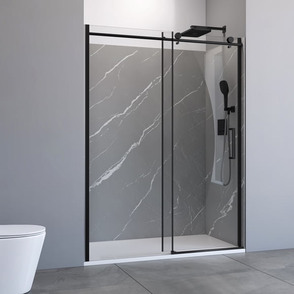 32" x 60" Alcove Shower Kit in Matte Black – 8 mm Sliding Glass Door, White Marble SMC Walls & Side‑Drain Base