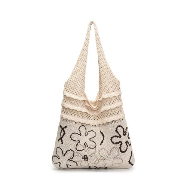 Crochet Bag Women Patrón Flores Malla Damas Bolso Hombro Diario () Blanco