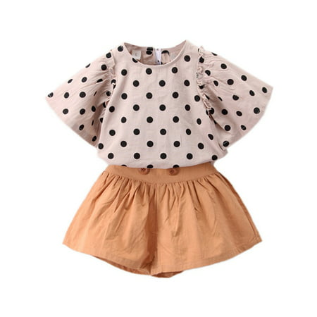 Summer Baby Girls Puff Sleeve Polka Dot Print T-shirt Shorts Costume Set