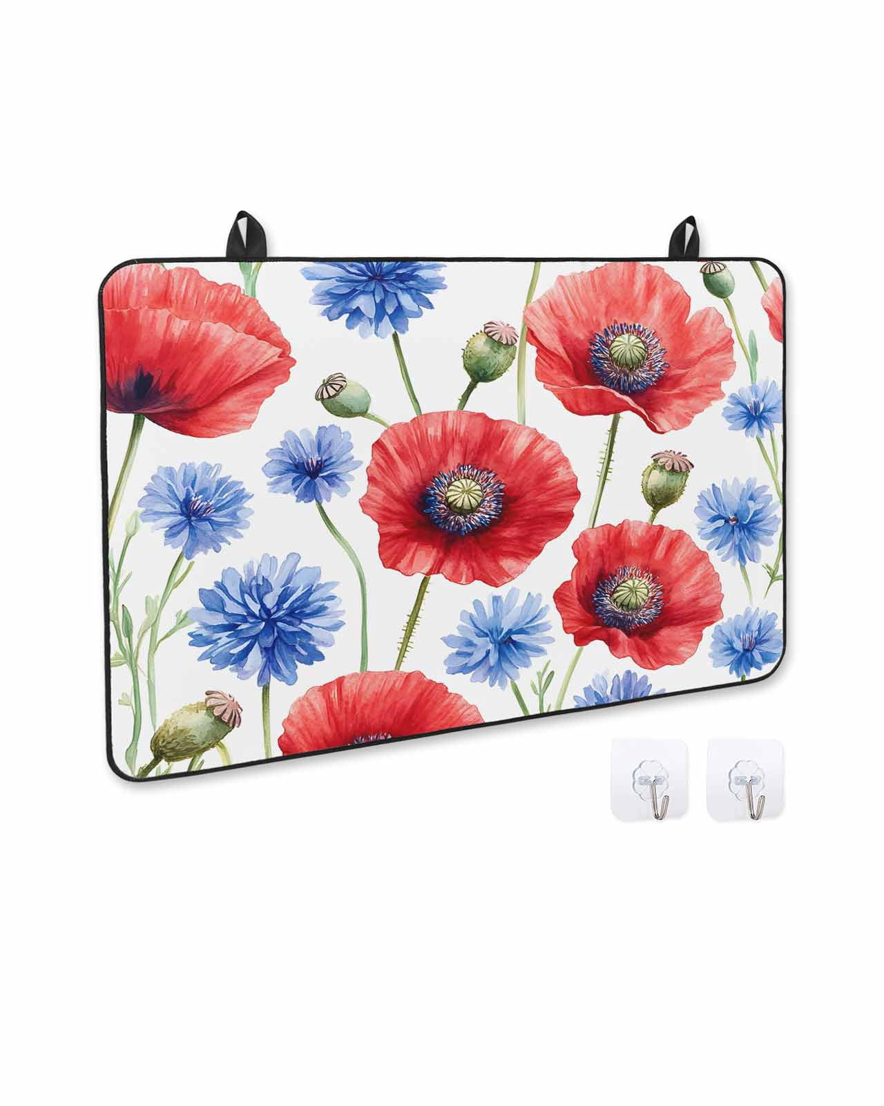nqOlkjepod Large Induction Cooktop Protector Mat 24"x21", Red Poppy Flower Stove Top Covers for Electric Stove, Blue Watercolor Budding Floral Summer Stove Burner Cover Mats, Glass Top Stove Cover