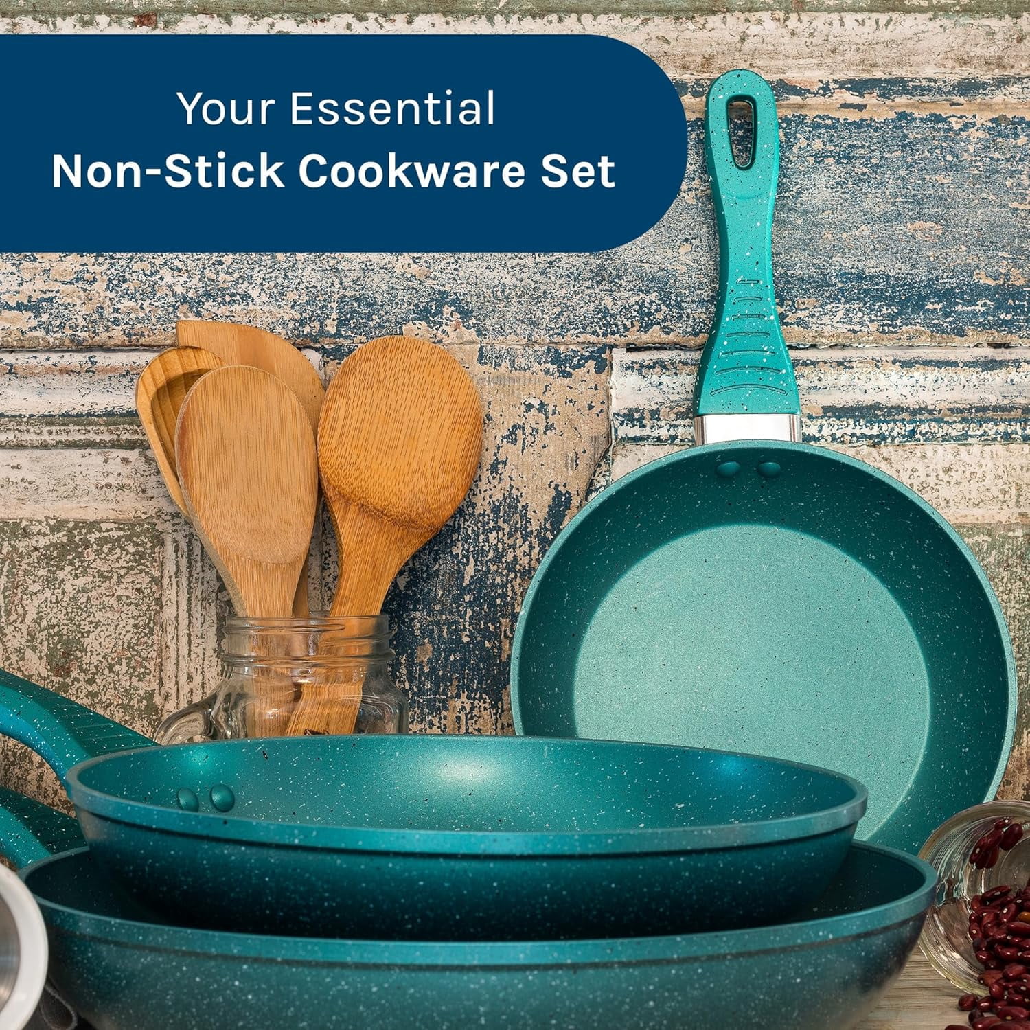 Picca Gravina 3-Piece Large Frying Pan Set - Easy Clean Marble Non Stick Cooking Pan Set with Mineral Based Coating - No PFAS/PFOS/PFOA - Turquoise Green - 8in, 10.4in, 12in