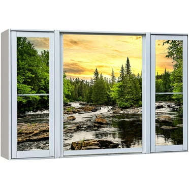 wall26 Canvas Print Wall Art Window View Sunset Pine Tree Forest Lake Reflection Wilderness Nature Photography Realism Scenic Landscape Colorful Multicolor for Living Room, Bedroom, Office - 16"