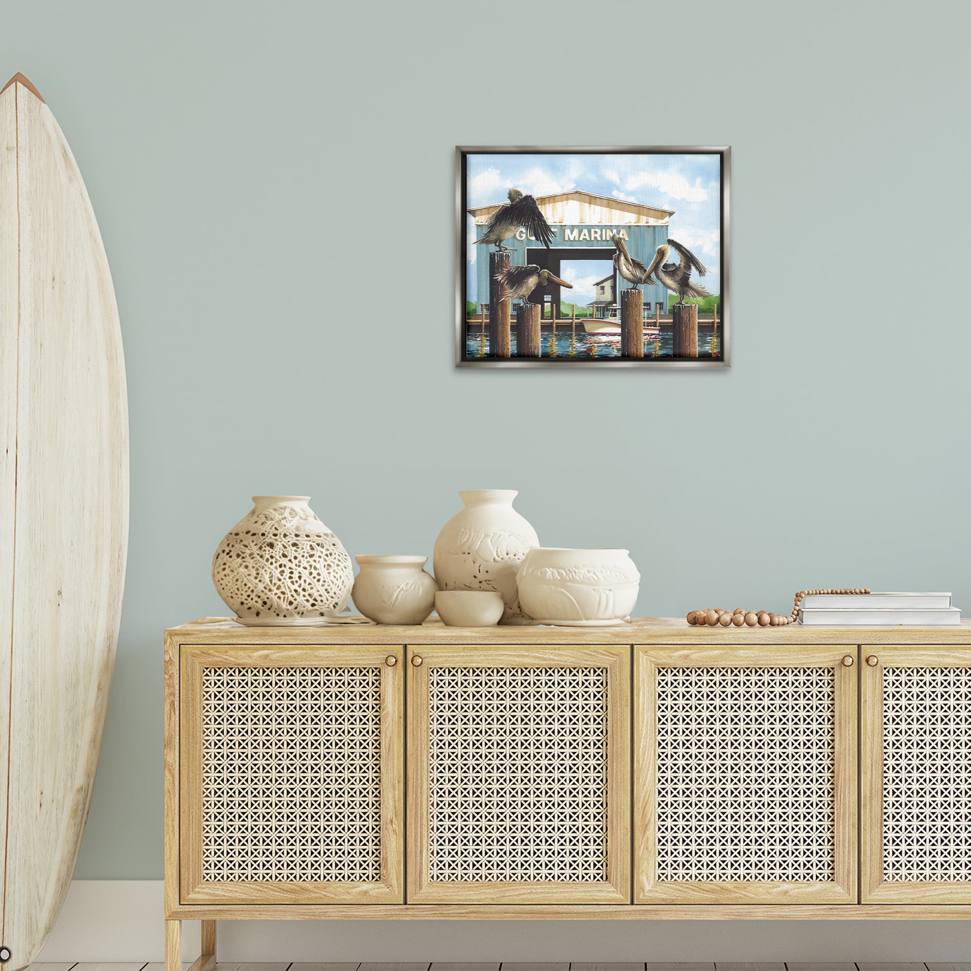 Stupell Industries Boat Marina Pelicans Nautical & Beach Painting Gray Floater Framed Canvas Art Print Wall Art, 21 x 17