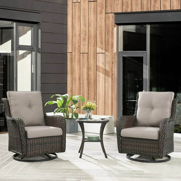 PARKWELL 3-Piece Outdoor Swivel Gliders with Side Table - Patio Wicker Bistro Furniture Set for Porch Deck Backyard - Beige Cushioned Swivel Rocking Chairs in Brown Wicker