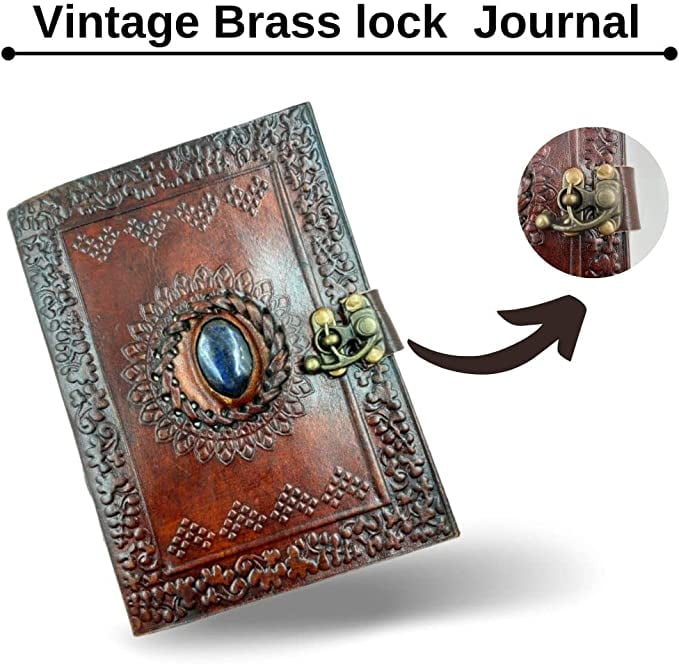OVERDOSE Lapis Stone Journal With Brass C-Lock - Handmade Journal For Students, Office Bound Leather Journal for men & women | Sketchbook | Notebook Diary - 5 x 7 inches | 12 x 17 cm | A6