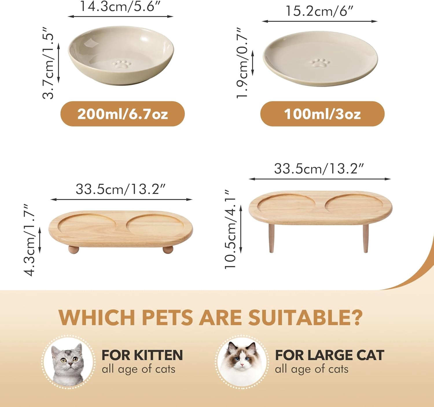 Raised Ceramic Wide Whisker Friendly Cat Dishes, Food and Water Bowl Set with Adjustable Stand, Anti-Whisker Fatigue, 2 Dishes and 2 Shallow Dishes