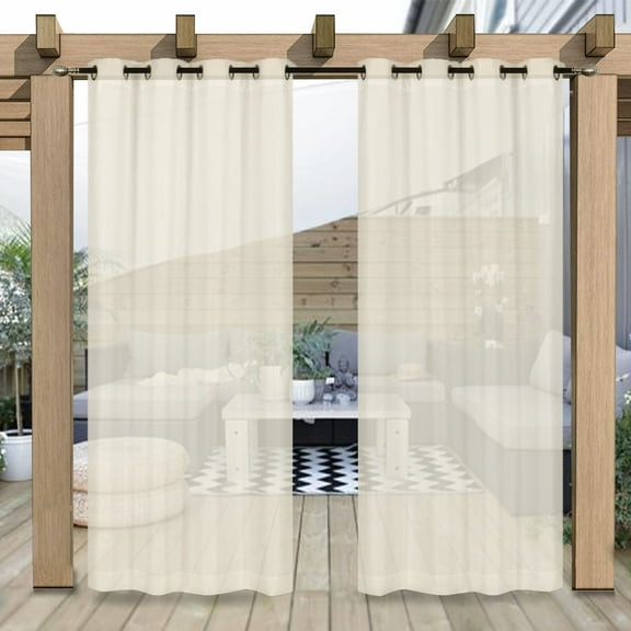 DONGPAI Linen Outdoor Sheer Curtains for Patio Waterproof 52 x 84inch Grommet Voile Drape, Beige, 1 Panel