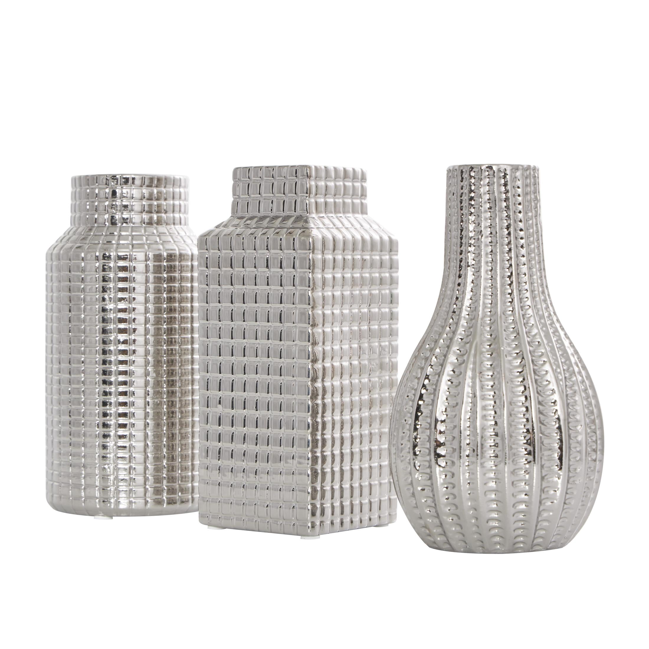 DecMode 3"W, 8"H Geometric Dimensional Textured Silver Ceramic Vase with Varying Shapes and Grid Patterns, Set of 3