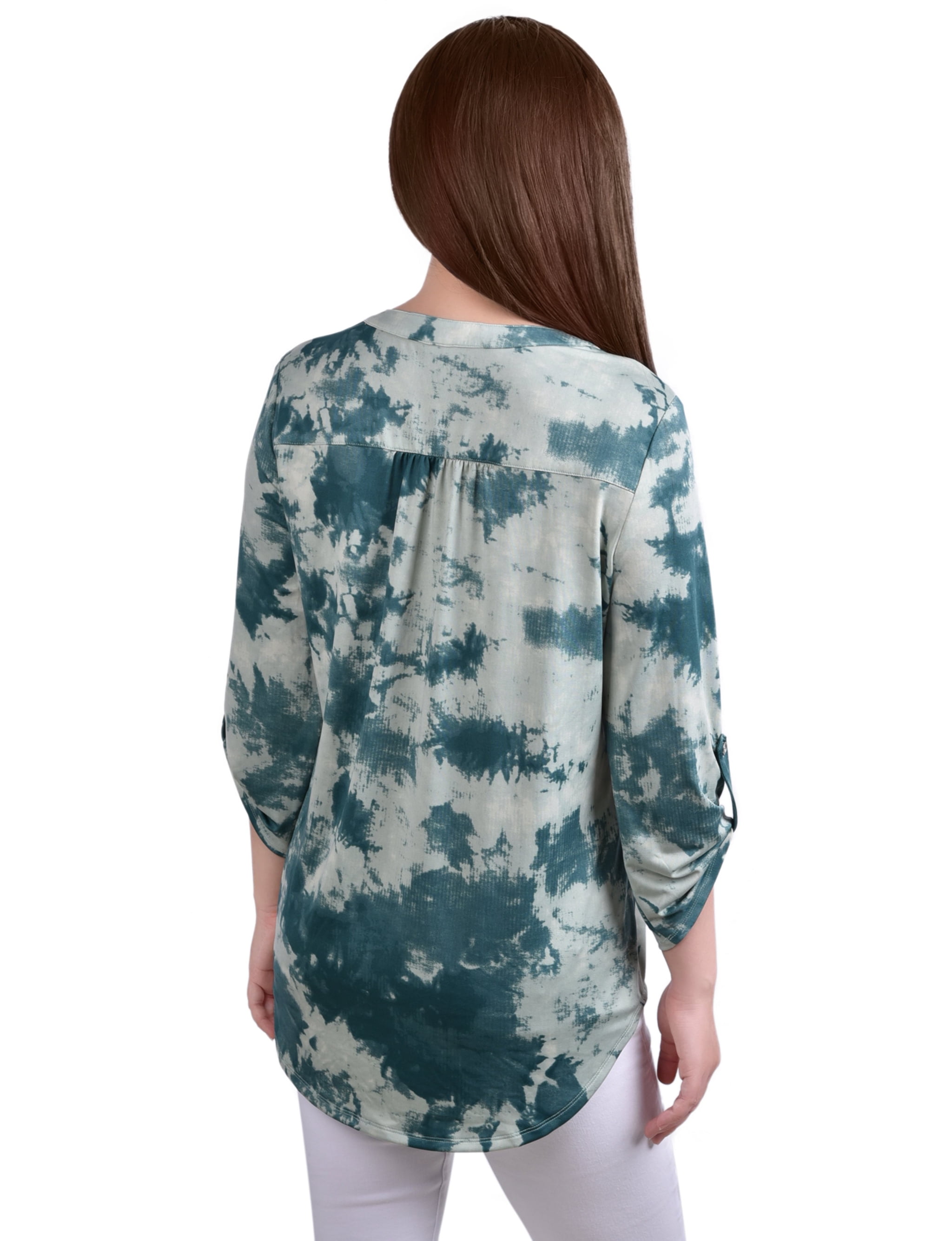 売れ筋商品|||ニューヨークコレクション カットソー トップス レディース Women's Knit Jacquard 3/4 Sleeve Roll Tab Top Peacock Blue Tie Dye Petite Knit Jacquard 3/4 Sleeve Roll Tab Top Peacock Blue