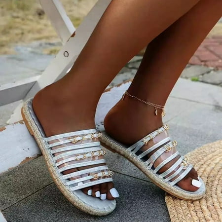 

Cathalem Womens down Slippers Size 7 Ladies Fashion Transparent Metal Chain Decorative Round Top Thick Women Sock Slippers Silver 8